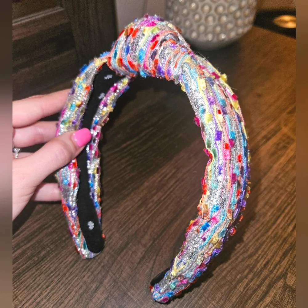 Lele Sadoughi Silver Metallic Headband with colorful rainbow 🌈 specs